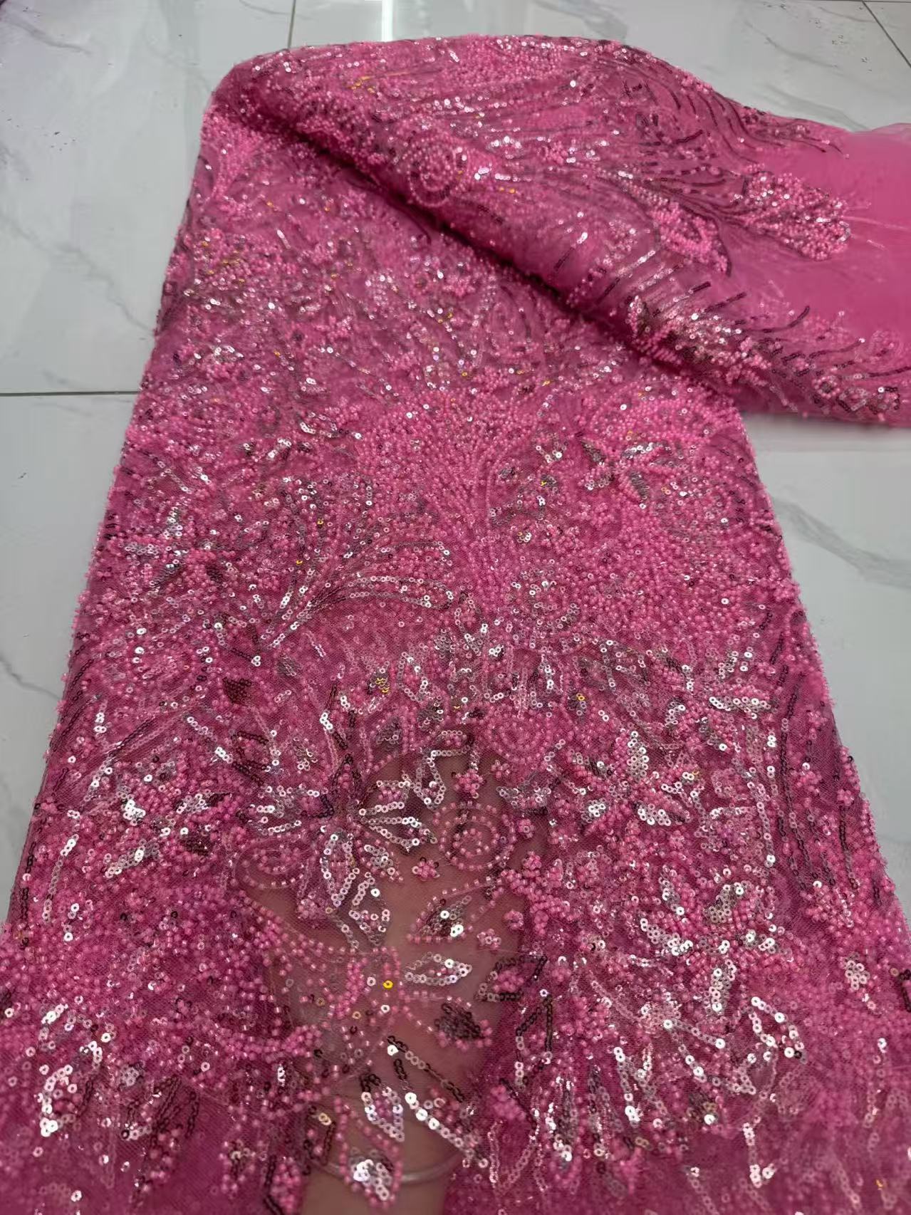 Embroidery Net Fabric - ผ้าลูกไม้เน็ตปักลายคุณภาพสูง ผ้าแอฟริกันหรูหราประดับเลื่อม 5 หลา ผ้าทูลล์ไนจีเรียฝรั่งเศสสำหรับงานแต่งงาน