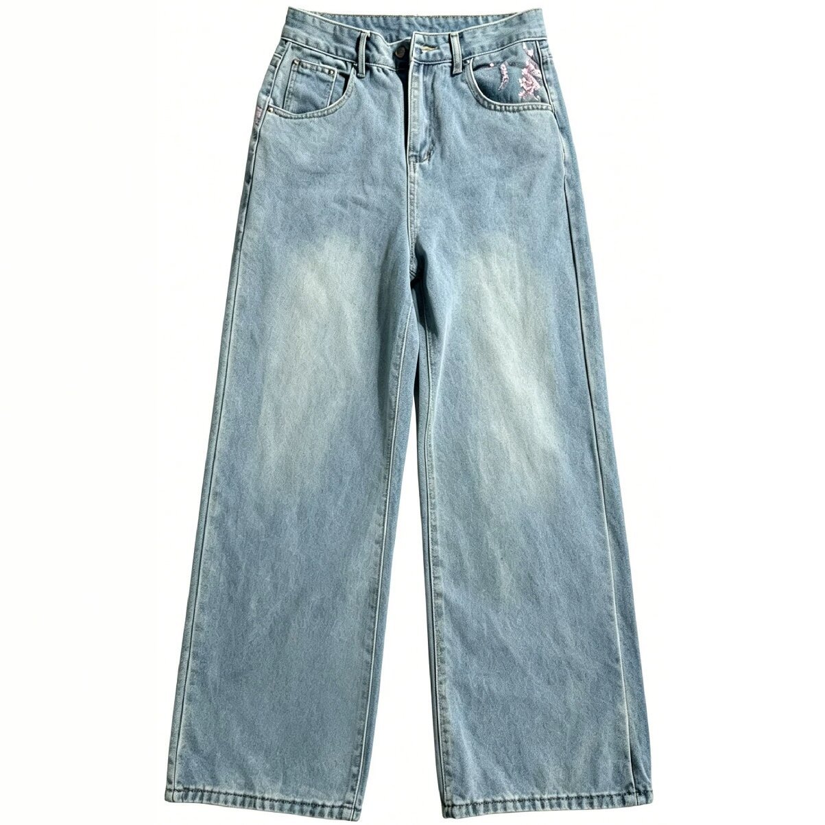 Embroidery Jeans Sakura - กางเกงยีนส์เอวสูงทรงหลวมขาตรงสำหรับวัยรุ่น กางเกงขากว้างสไตล์ลำลองลายปักซากุระ ทรงหลวมสไตล์วินเทจแนวสตรีท