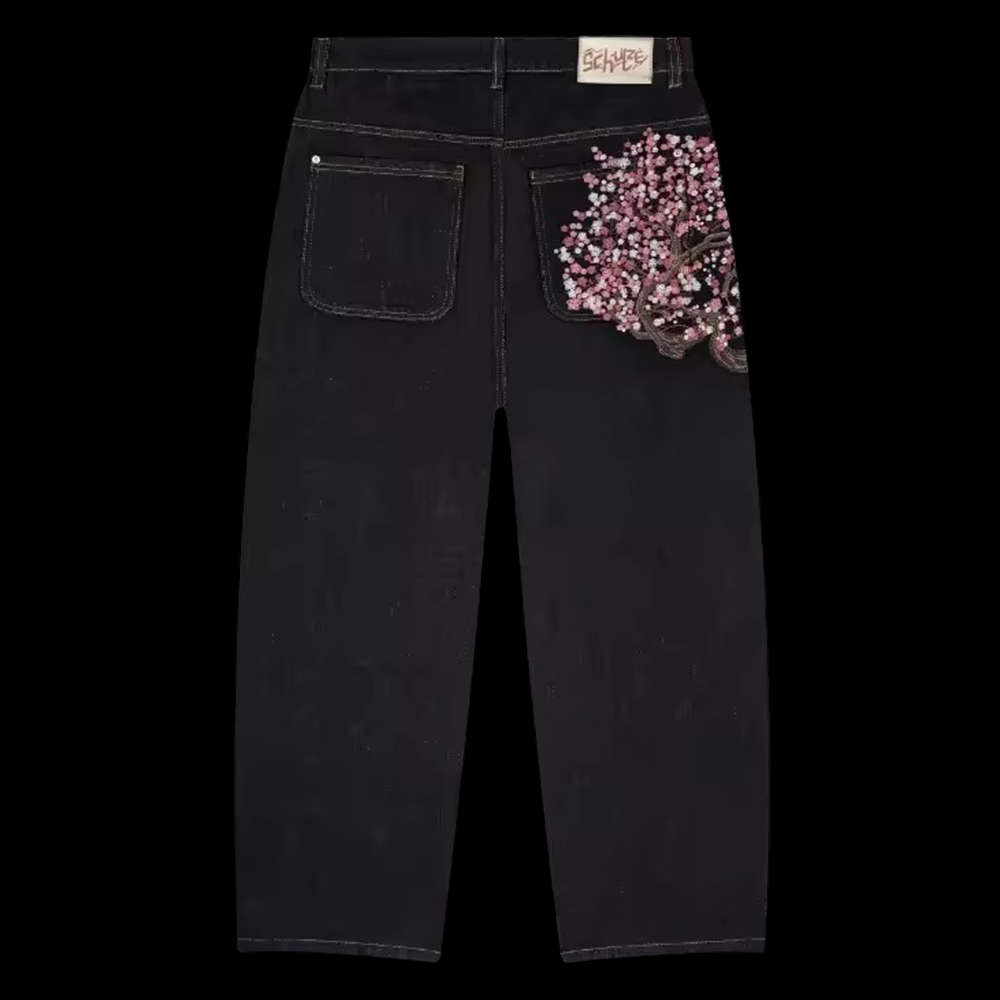 Embroidery Jeans Sakura - กางเกงยีนส์ทรงหลวมสไตล์ฮาราจูกุฮิปฮอปปักลายย้อนยุคสีดำสำหรับผู้ชายและผู้หญิง เอวต่ำ ขากว้าง สตรีทแวร์ วินเทจ ลายซากุระ