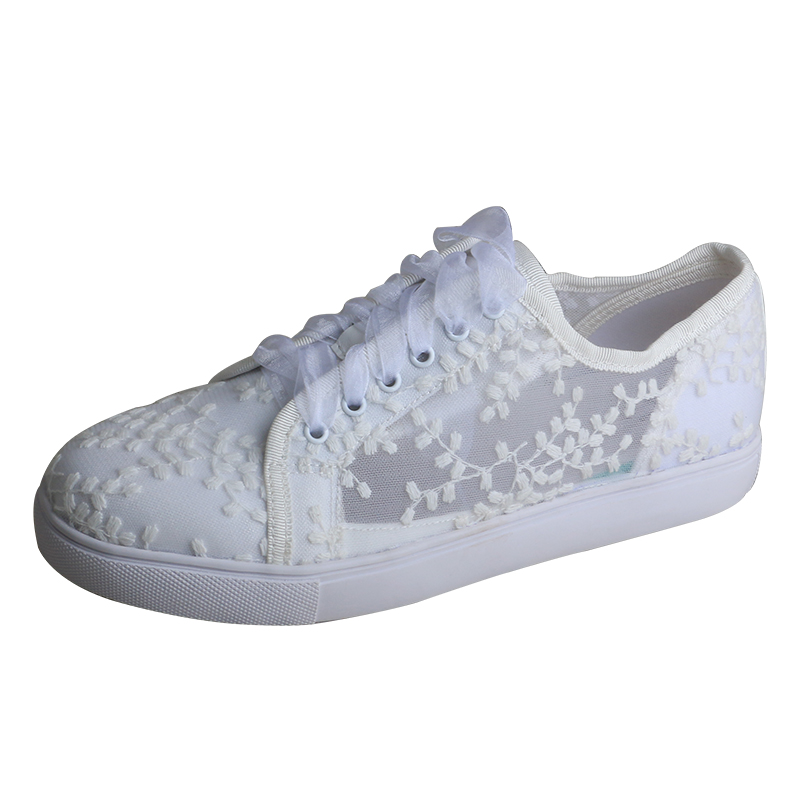 Embroidery Shoes - รองเท้าผ้าใบสีขาวสำหรับผู้หญิง Wedopus รองเท้าเจ้าสาวแบบแบน รองเท้ากีฬาแบบผูกเชือก รองเท้าลำลองที่ใส่สบาย ส้นสูง