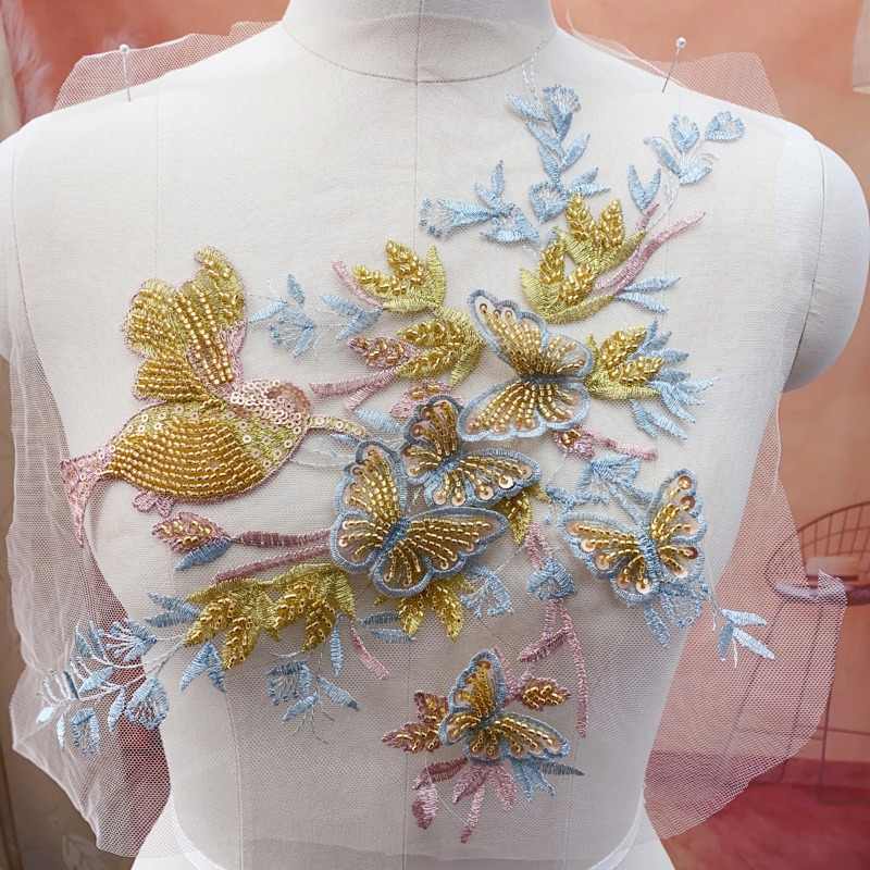 Embroidery Gold - ลูกไม้ปักลายผีเสื้อ 3 มิติ สีทองชมพู น้ำเงิน ขาว