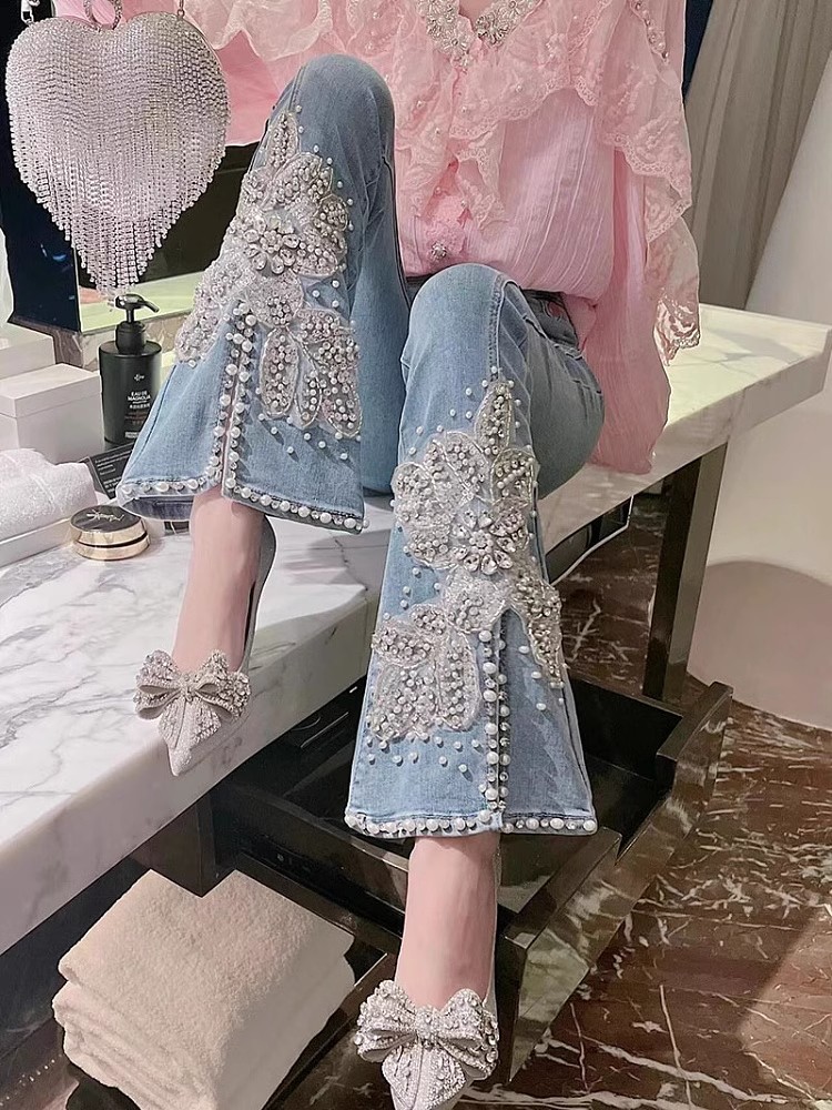 Embroidery Jeans Sakura - ผู้หญิงสูงเอวกางเกงยีนส์ดอกไม้เย็บปักถักร้อยตอกลูกปัดฝังเพชรไข่มุกแยก DENIM Micro Flared กางเกงคาวบอยกางเกงหญิง