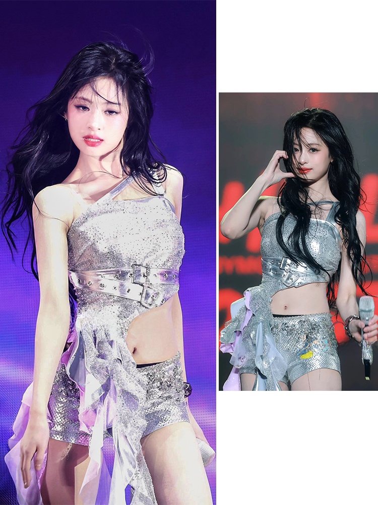 Embroidery Gold - ชุดแสดงแจ๊สแดนซ์ BabyMonter AhYeon สำหรับการแสดงบนเวที ชุดแสดงวงเกิร์ลกรุ๊ป KPOP