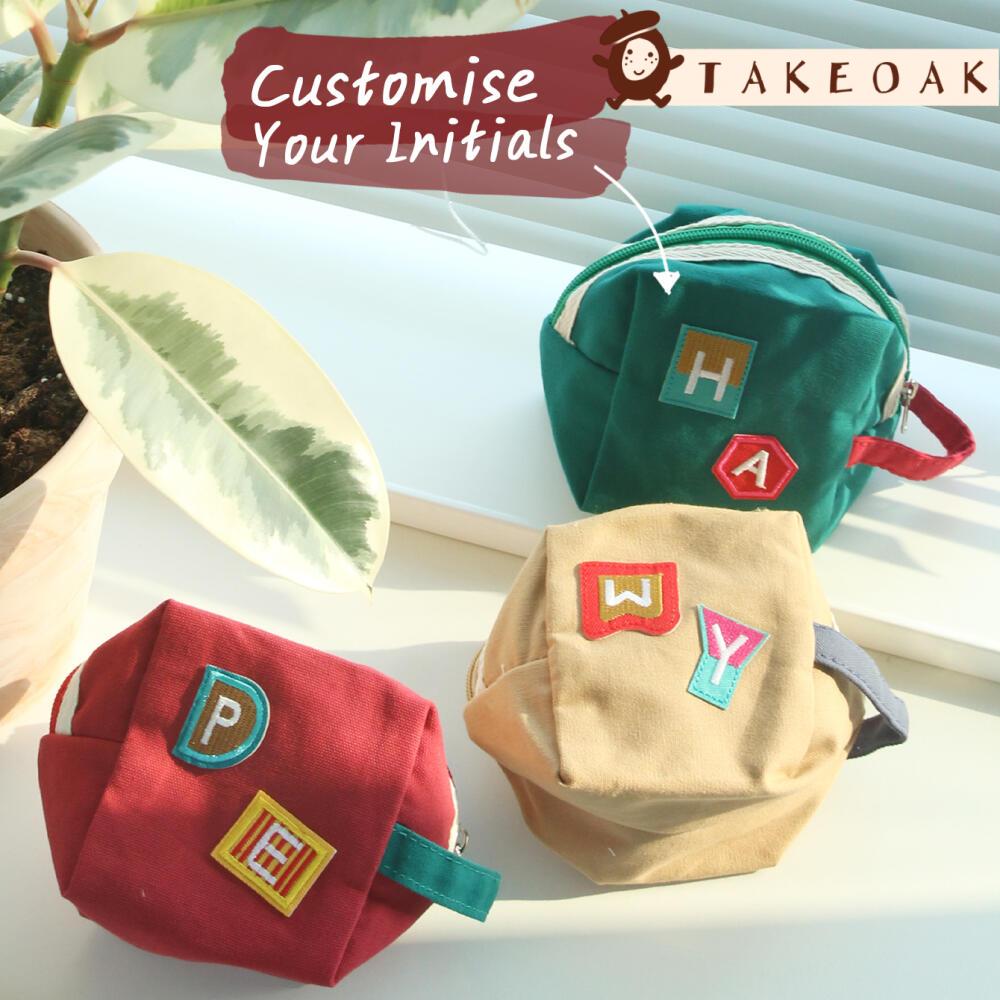 Embroidery Initials - กระเป๋าผ้าแคนวาสขนาดเล็กแบบมีซิปปักอักษรย่อส่วนตัว ใส่เหรียญ ลิปสติก ของใช้จุกจิก ของขวัญปักชื่อย่อตามสั่ง