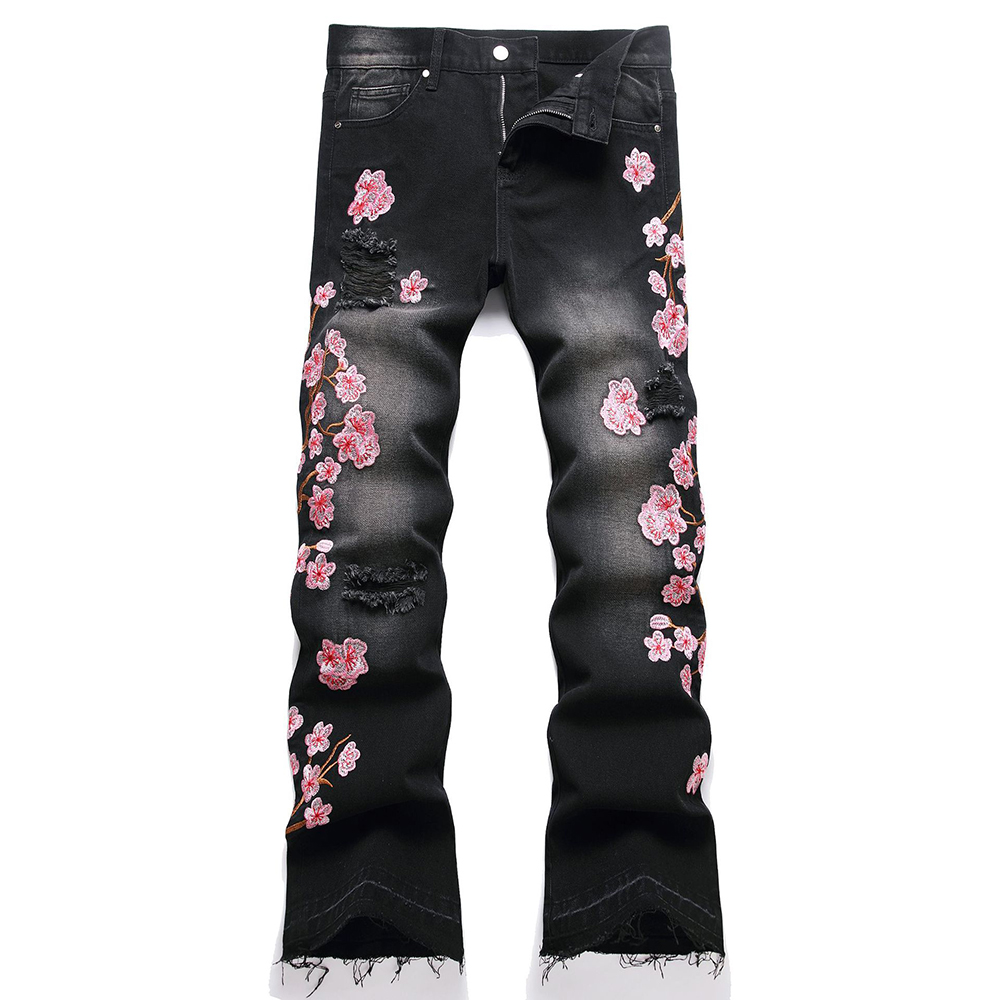 Embroidery Jeans Sakura - ผู้ชาย SAKURA เย็บปักถักร้อย DENIM กางเกงยีนส์ Streetwear
