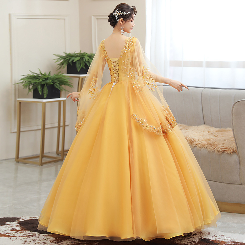 Embroidery Gold - ชุดเดรสยาวปักลายทองใหม่ ทรงพองฟู สำหรับพิธีกร งานแสดง งานรับปริญญา งานวันเกิด