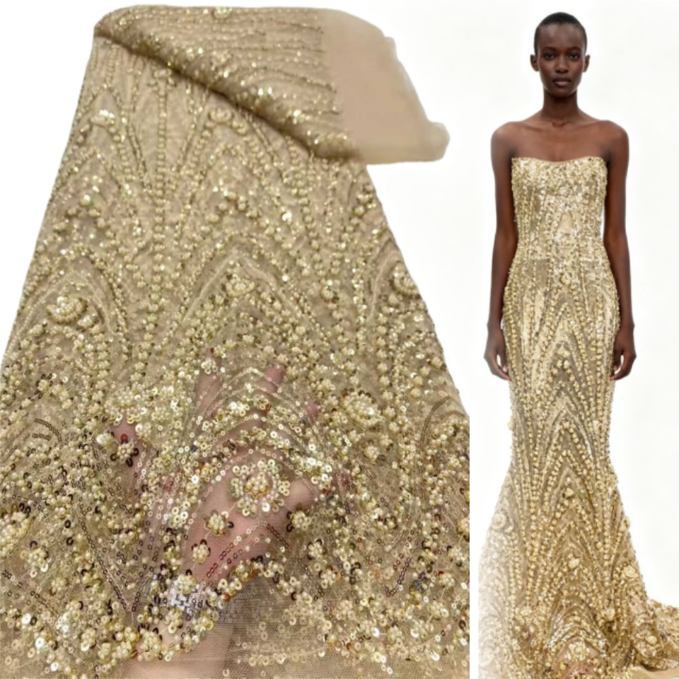 Embroidery Net Fabric - ผ้าลูกไม้ทูลล์ปักเลื่อมคุณภาพสูงจากไนจีเรีย แอฟริกา ปี 2026 สำหรับชุดราตรี ประดับด้วยลูกปัด