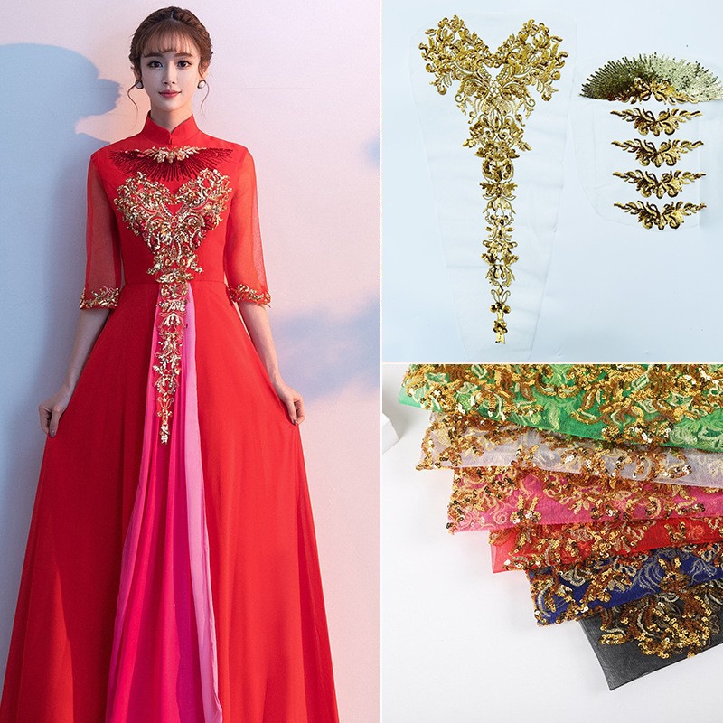 Embroidery Gold - ชุดลูกไม้ปักลายดอกโบตั๋นสีทองประดับเลื่อม 1 ชุด สำหรับงาน DIY ทำมือ
