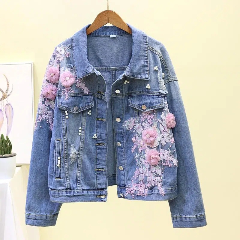 Embroidery Jeans Sakura - 2022 ใหม่เย็บปักถักร้อยDENIMแจ็คเก็ตสั้นผู้หญิงฤดูใบไม้ผลิฤดูใบไม้ร่วงAppliqueเพชรหลุมเสื้อหลวมนักเรียนJeanแจ็คเก็ตOuterwear