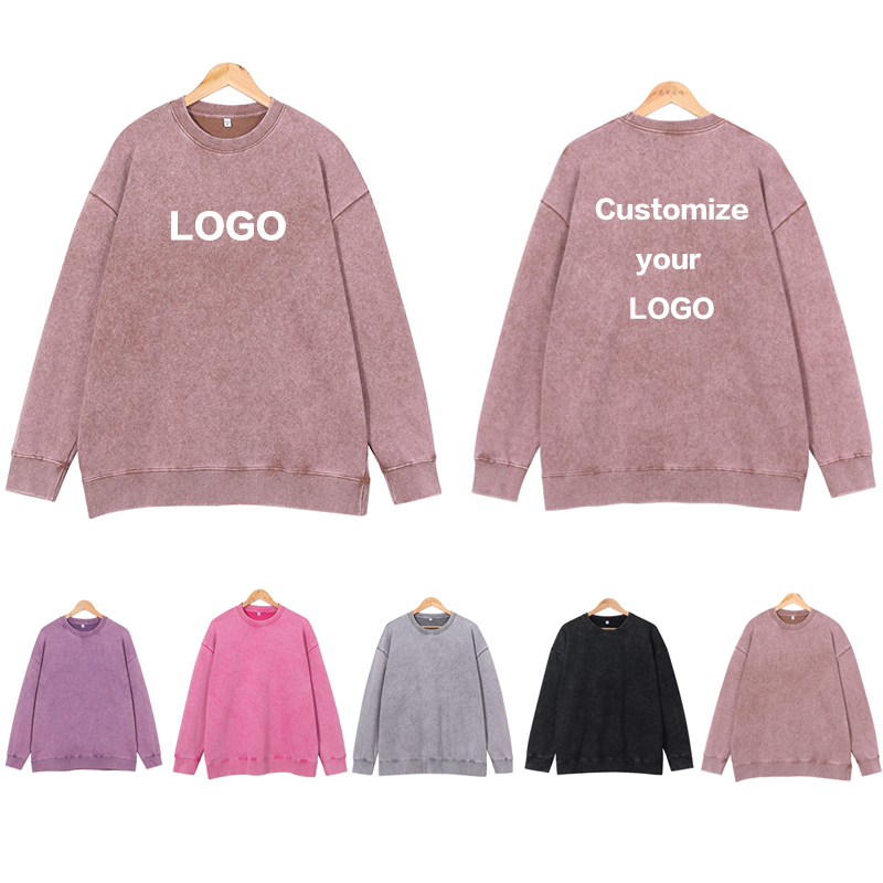 Embroidery Name Designs - เสื้อสเวตเตอร์คอกลมคอกลมสีล้วนผ้าฝ้ายโอเวอร์ไซส์400กรัมแนววินเทจพิมพ์ลายโลโก้ออกแบบได้ตามต้องการปักชื่อ