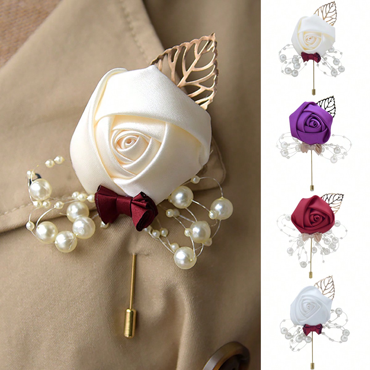 Embroidery Knot - ดอกกุหลาบติดปกเสื้อสำหรับเจ้าบ่าว 1 ชิ้น, โบว์ไทประดับมุกและใบไม้สีทอง, เข็มกลัดดอกไม้สำหรับงานแต่งงานทั้งชายและหญิง, เข็มกลัดตกแต่งชุดเจ้าบ่าวและเพื่อนเจ้าบ่าว,