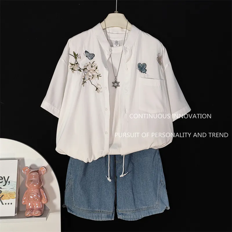 Embroidery Style - ชุด 3 ชิ้นสำหรับผู้ชาย เสื้อเชิ้ตแขนสั้นปักลายสไตล์จีน เสื้อกล้าม กางเกงยีนส์ขาสั้น