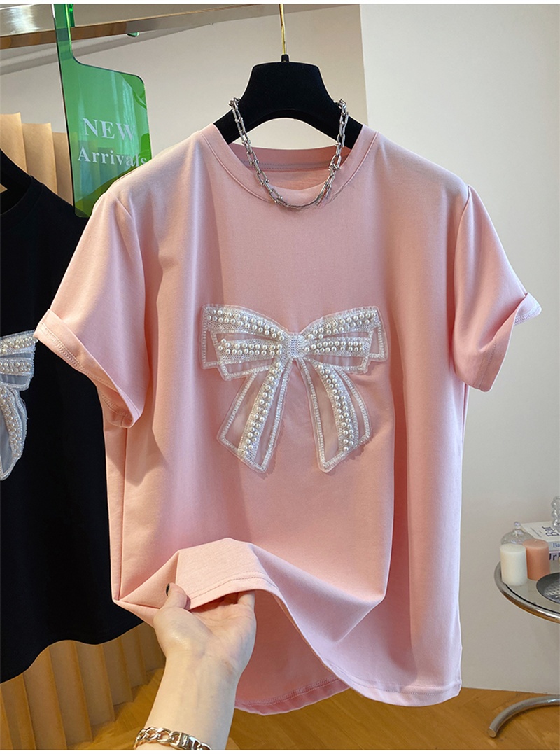 Embroidery Knot - เสื้อยืดแขนสั้นลายปักมุก ผู้หญิง ทรงหลวม สไตล์ญี่ปุ่น สำหรับฤดูร้อน โดปามีนท็อป