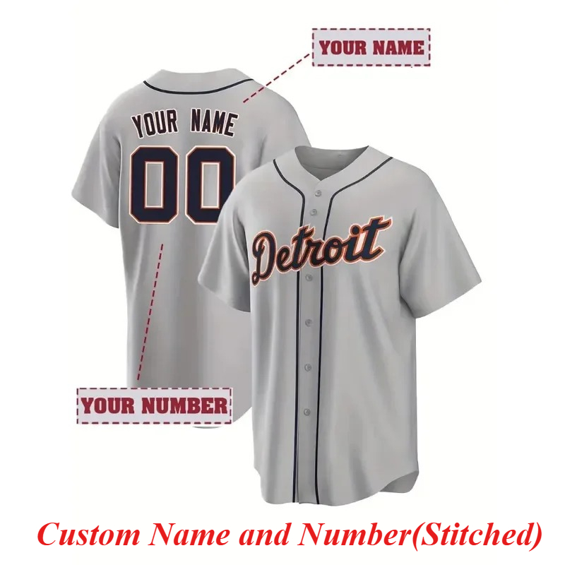 Embroidery Uniform - ที่กําหนดเองชื่อและหมายเลขผู้ชายเย็บปักถักร้อยเบสบอลดีทรอยต์สีเทา V คอแขนสั้นปุ่มลง DIY เสื้อ