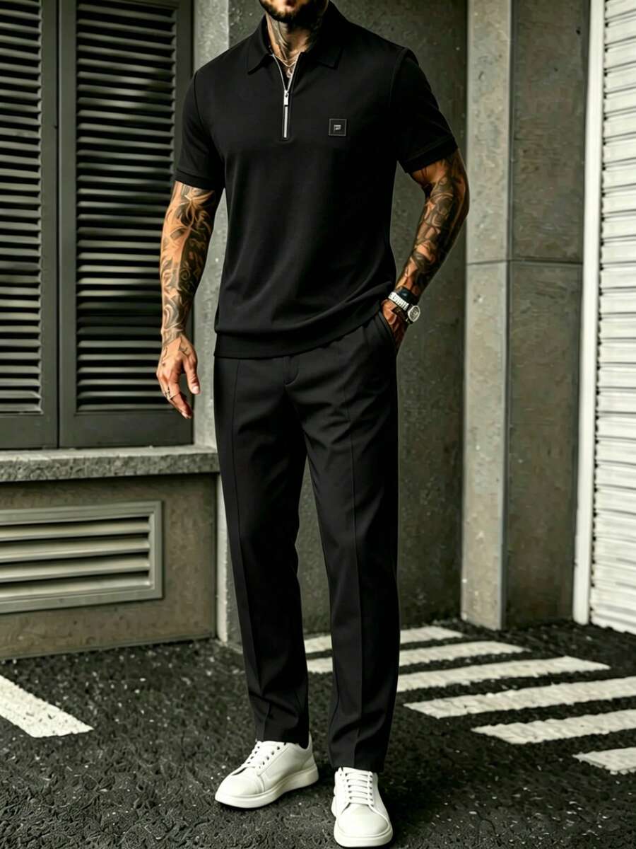 Embroidery Knit - ชุดเสื้อเชิ้ตแขนสั้นสีดำพร้อมซิปและกางเกงขายาวสำหรับผู้ชาย พร้อมโลโก้ปักลาย สไตล์ลำลอง