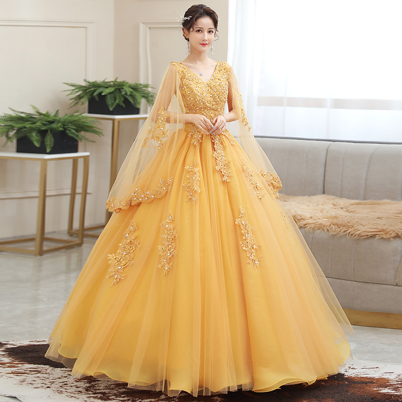 Embroidery Gold - ชุดเดรสปักลายทองใหม่ ทรงยาวพองๆ สำหรับพิธีกร งานแสดง งานรับปริญญา งานวันเกิด