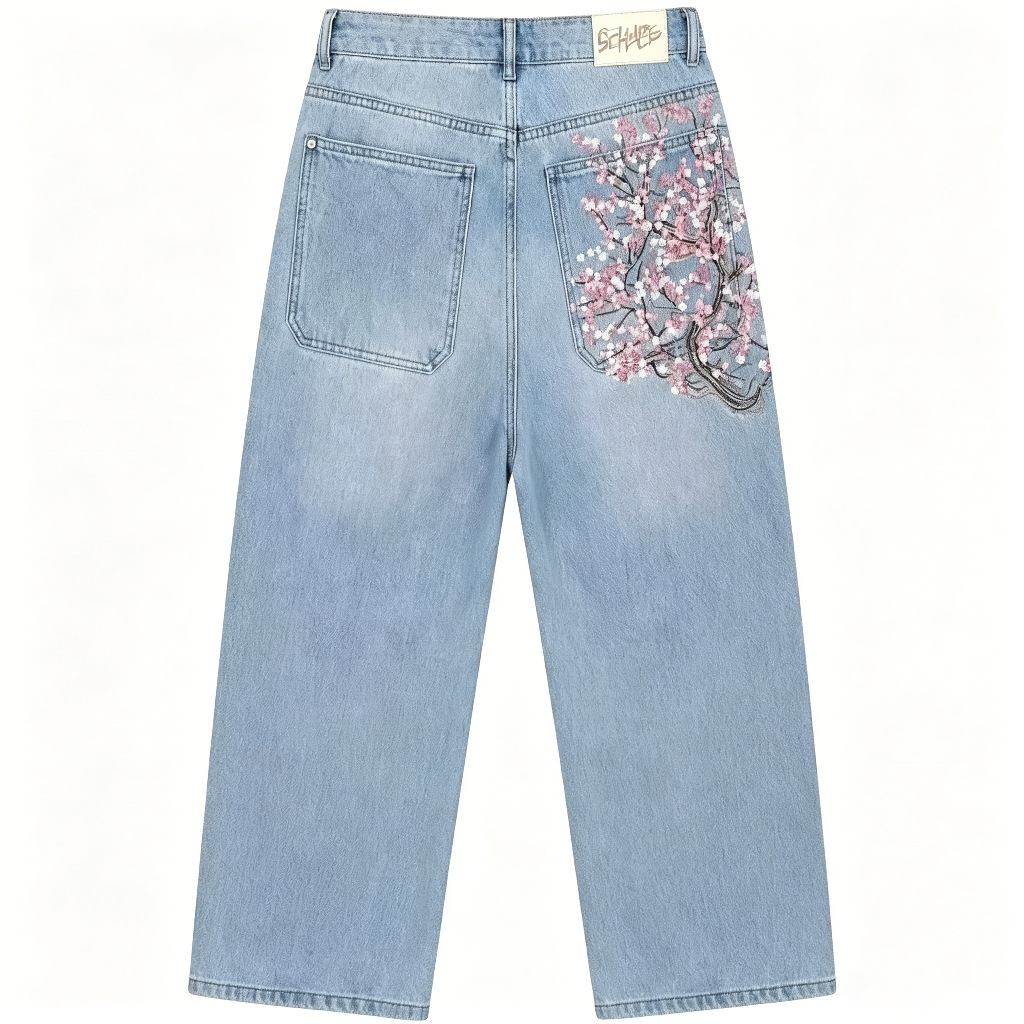 กางเกงยีนส์เอวสูงทรงหลวมขาตรงส - Embroidery Jeans Sakura บทวิจารณ์และราคา
