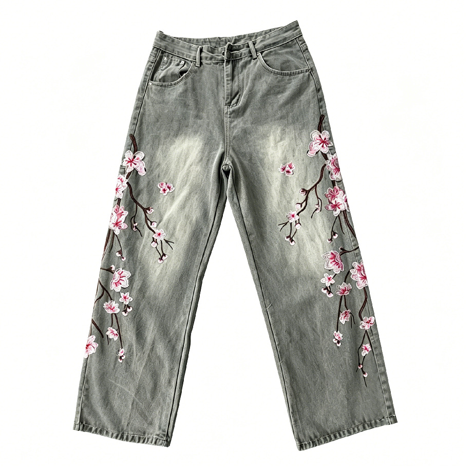 กางเกงยีนส์เอวสูงทรงหลวมขาตรงส - Embroidery Jeans Sakura บทวิจารณ์และราคา
