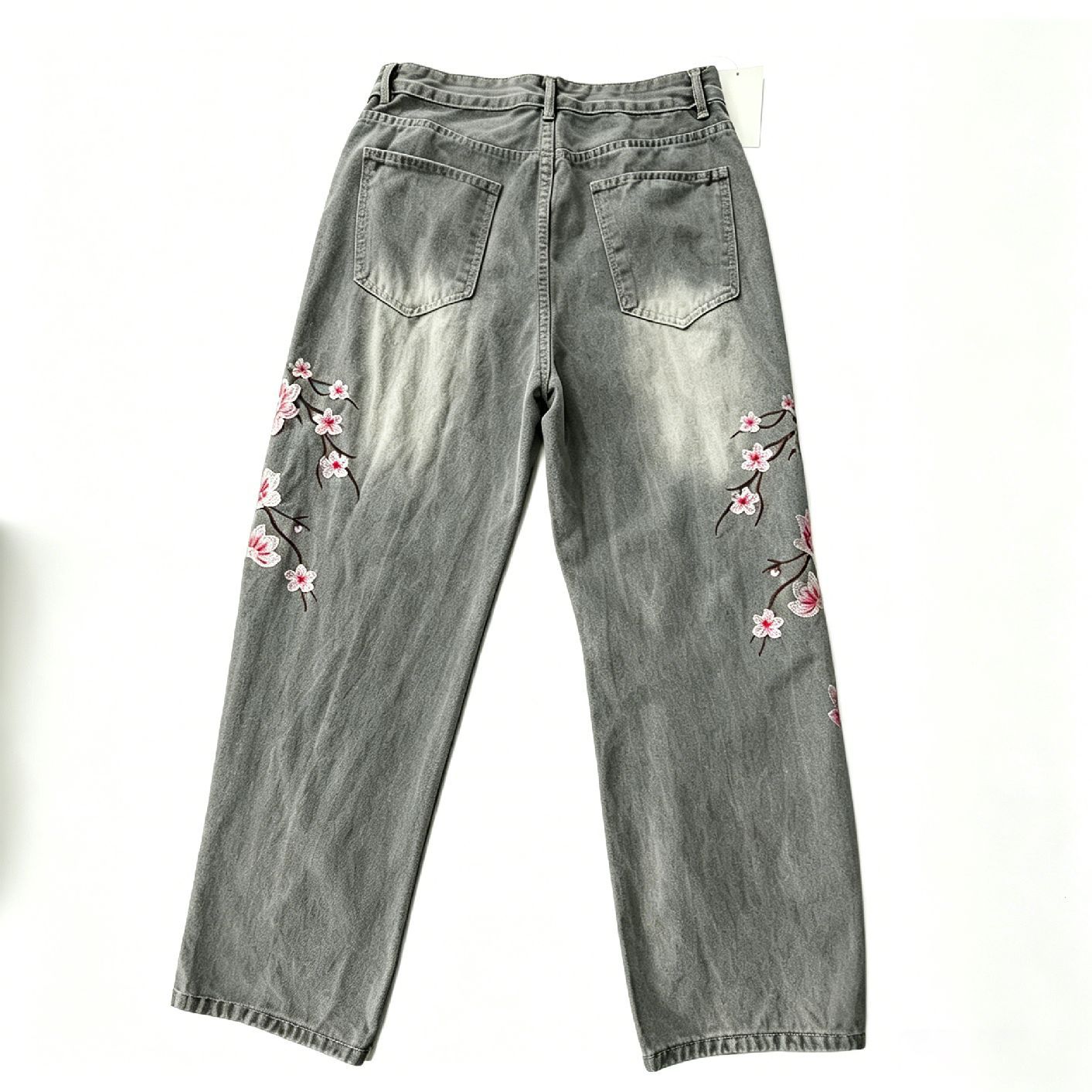 กางเกงยีนส์เอวสูงทรงหลวมขาตรงส - Embroidery Jeans Sakura บทวิจารณ์และราคา