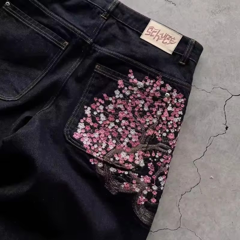 กางเกงยีนส์ทรงหลวมสไตล์ฮาราจูก - Embroidery Jeans Sakura บทวิจารณ์และราคา