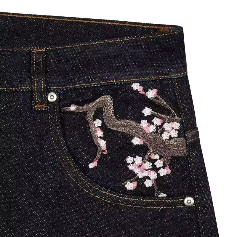 กางเกงยีนส์ทรงหลวมสไตล์ฮาราจูก - Embroidery Jeans Sakura บทวิจารณ์และราคา
