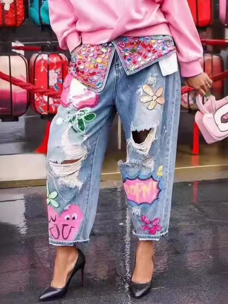 Chic ผู้หญิงฤดูใบไม้ผลิดอกไม้เ - Embroidery Jeans Sakura บทวิจารณ์และราคา