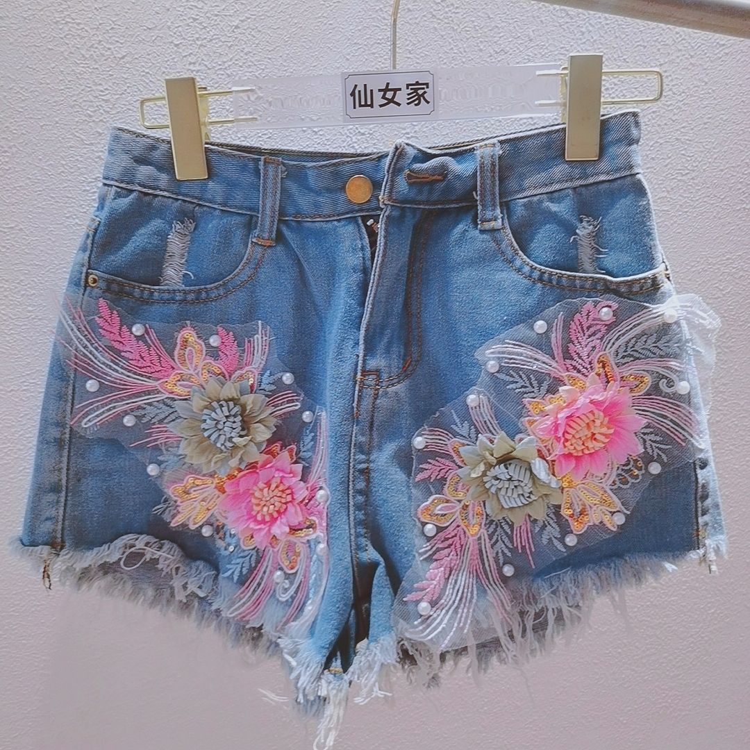 แฟชั่นผู้หญิงเกาหลีฤดูร้อนกางเ - Embroidery Jeans Sakura บทวิจารณ์และราคา