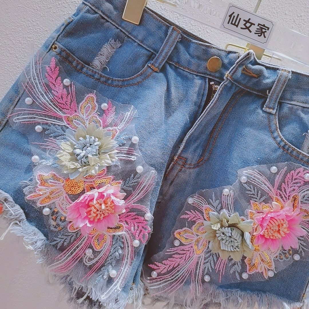 แฟชั่นผู้หญิงเกาหลีฤดูร้อนกางเ - Embroidery Jeans Sakura บทวิจารณ์และราคา