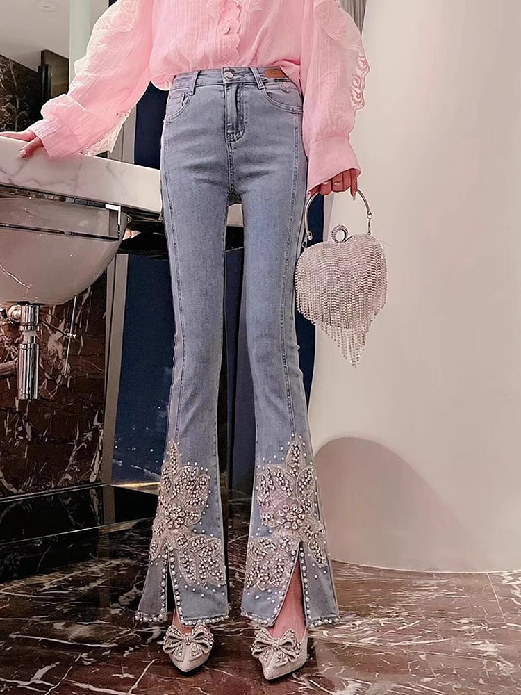 ผู้หญิงสูงเอวกางเกงยีนส์ดอกไม้ - Embroidery Jeans Sakura บทวิจารณ์และราคา