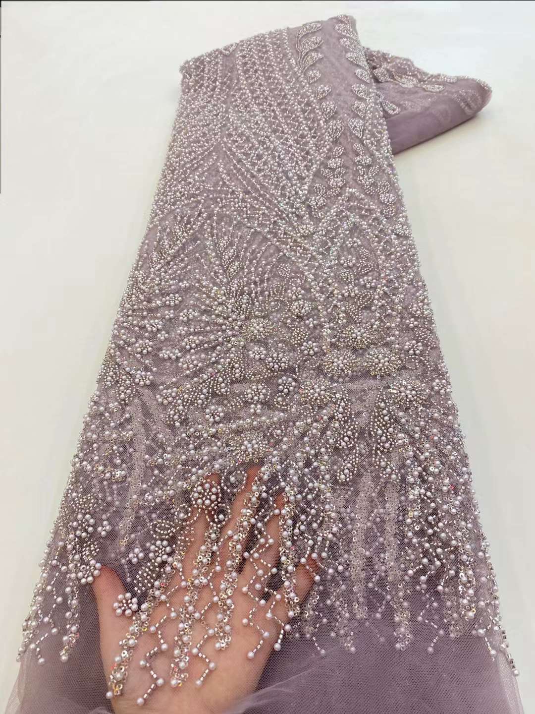 ผ้าลูกไม้ปักเลื่อมลูกปัดสีน้ำต - Embroidery Net Fabric บทวิจารณ์และราคา