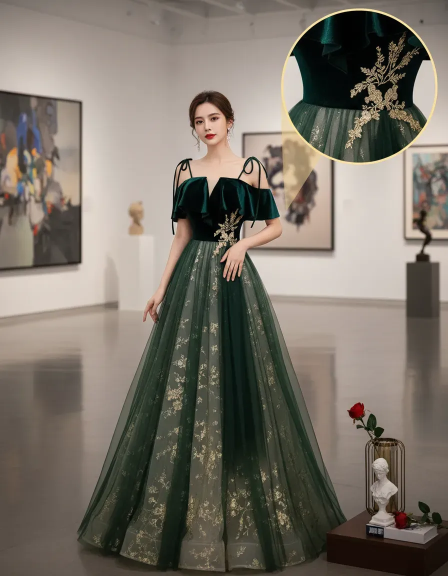 ชุดราตรีผ้ากำมะหยี่สีเขียวมรกต - Embroidery Gold บทวิจารณ์และราคา