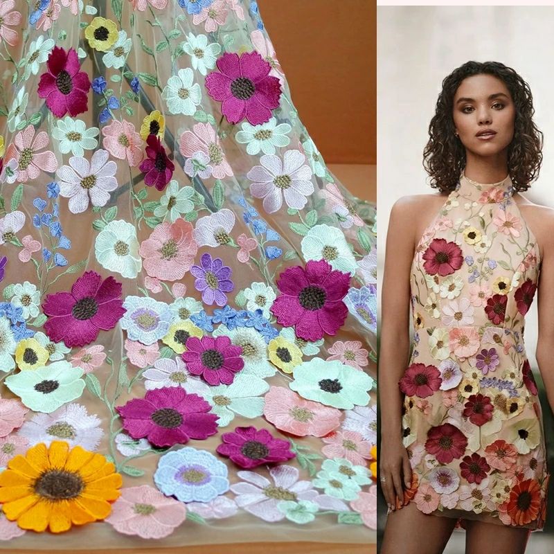 สีสัน 3D ดอกไม้ลูกไม้ผ้า DIY ช - Embroidery Net Fabric บทวิจารณ์และราคา